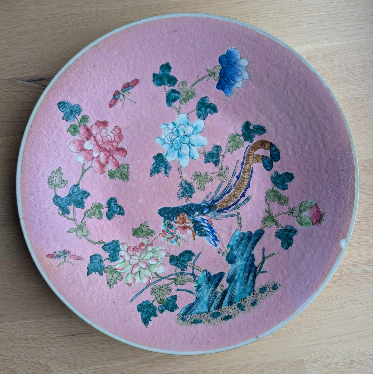 Chinese antique pink ground phoenix charger, 19th c #3006