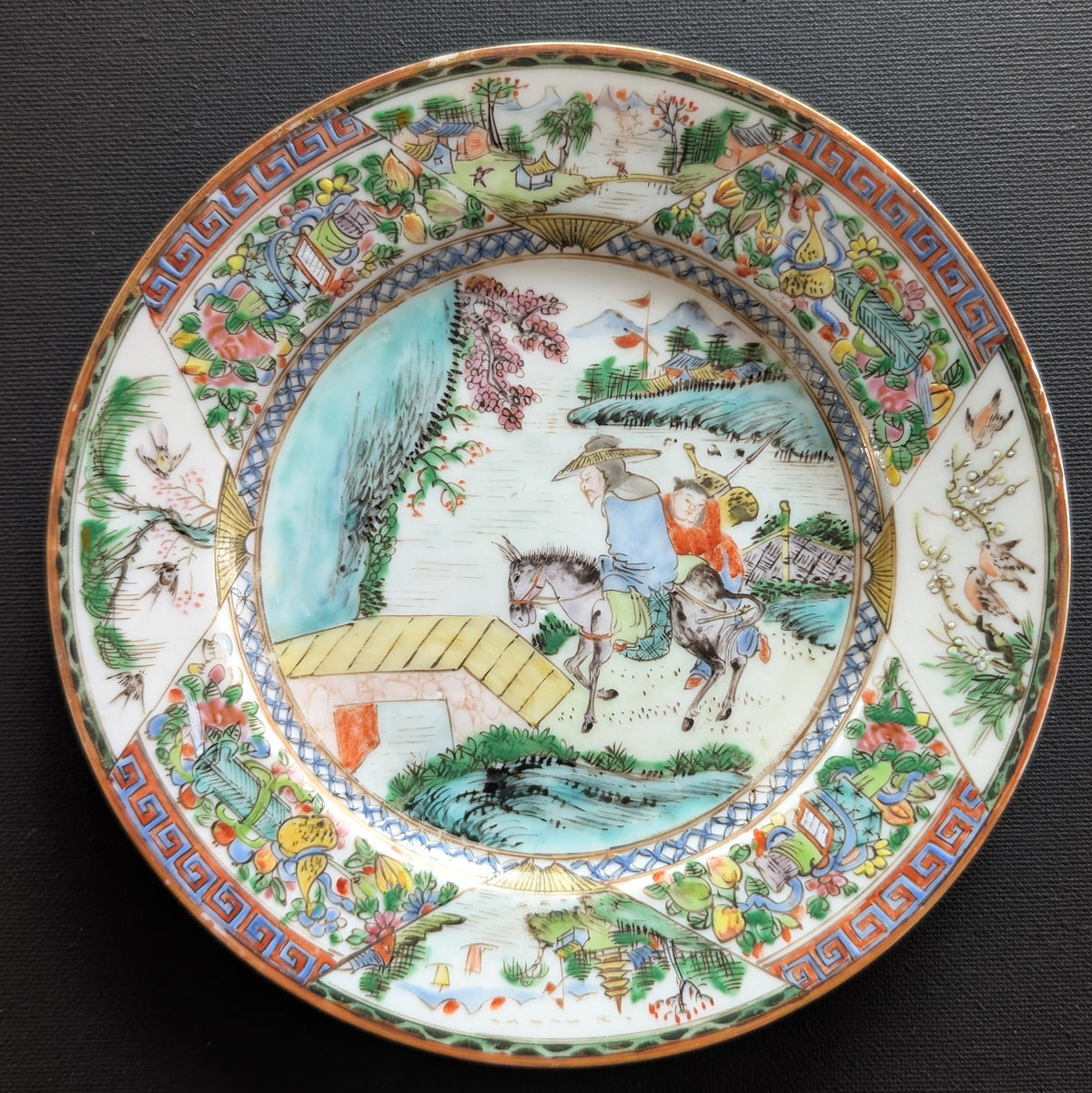 Chinese antique rose mandarin dish with old man and donkey, Late Qing #3008