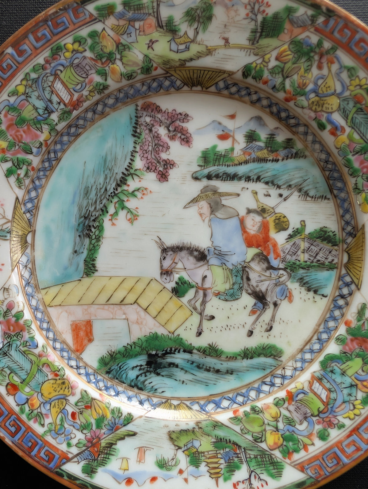 Chinese antique rose mandarin dish with old man and donkey, Late Qing #3008