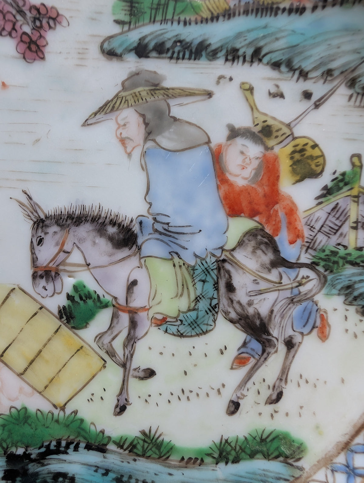Chinese antique rose mandarin dish with old man and donkey, Late Qing #3008