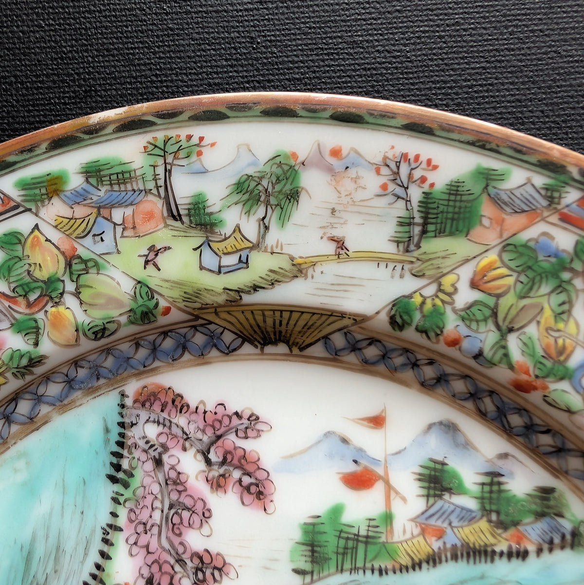 Chinese antique rose mandarin dish with old man and donkey, Late Qing #3008