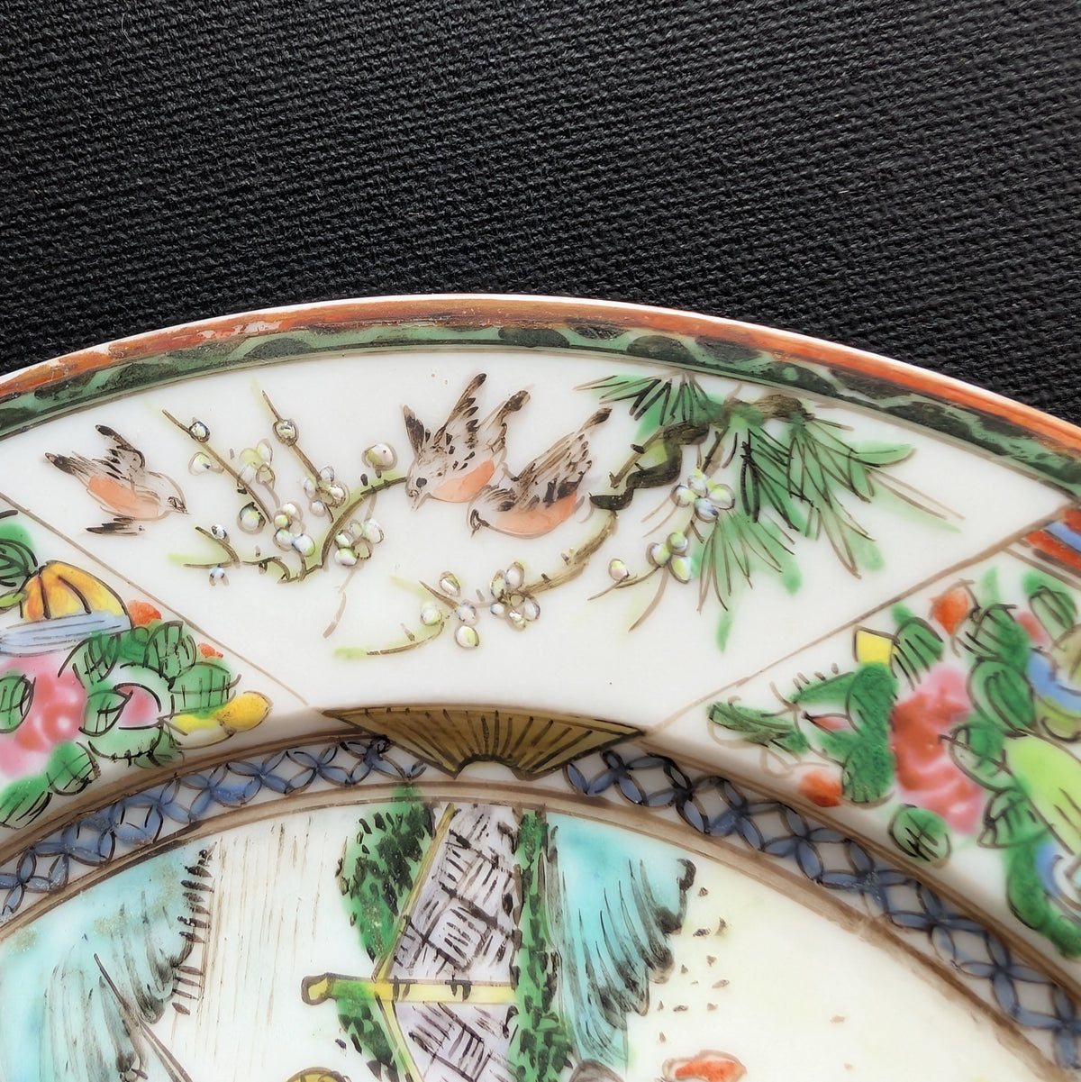 Chinese antique rose mandarin dish with old man and donkey, Late Qing #3008