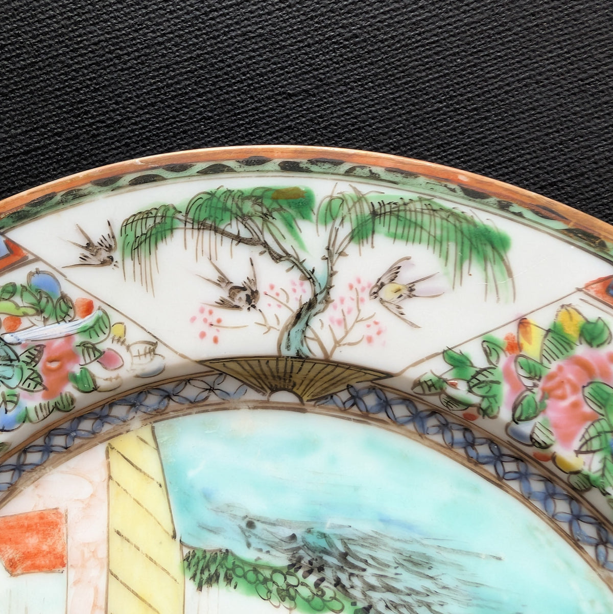 Chinese antique rose mandarin dish with old man and donkey, Late Qing #3008