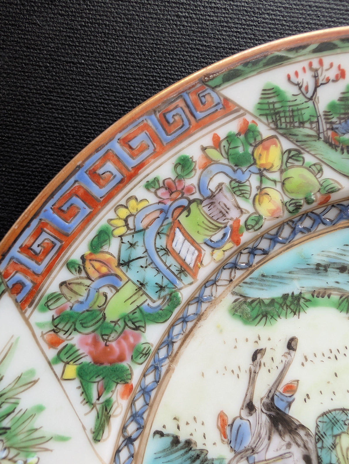Chinese antique rose mandarin dish with old man and donkey, Late Qing #3008