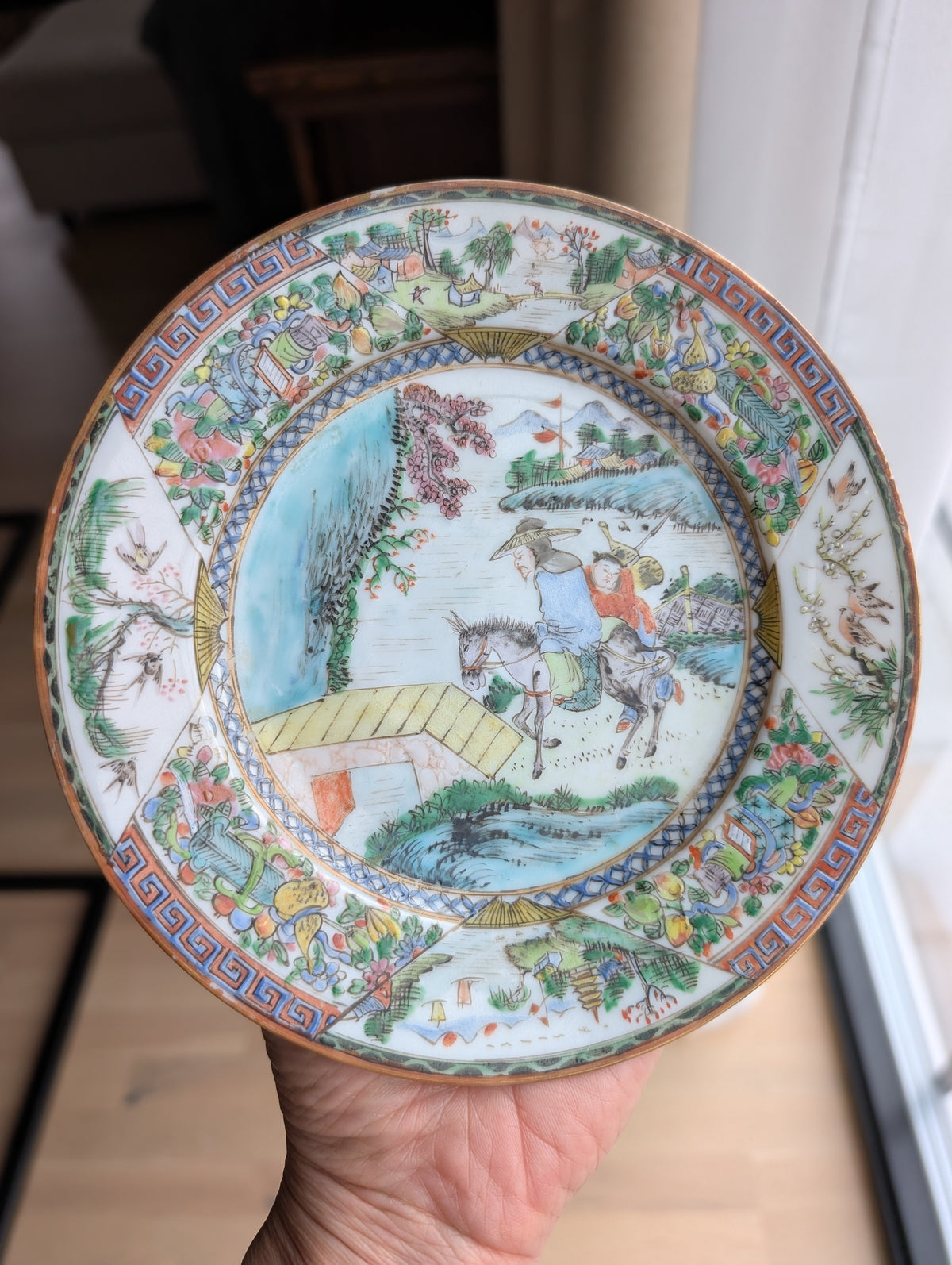Chinese antique rose mandarin dish with old man and donkey, Late Qing #3008
