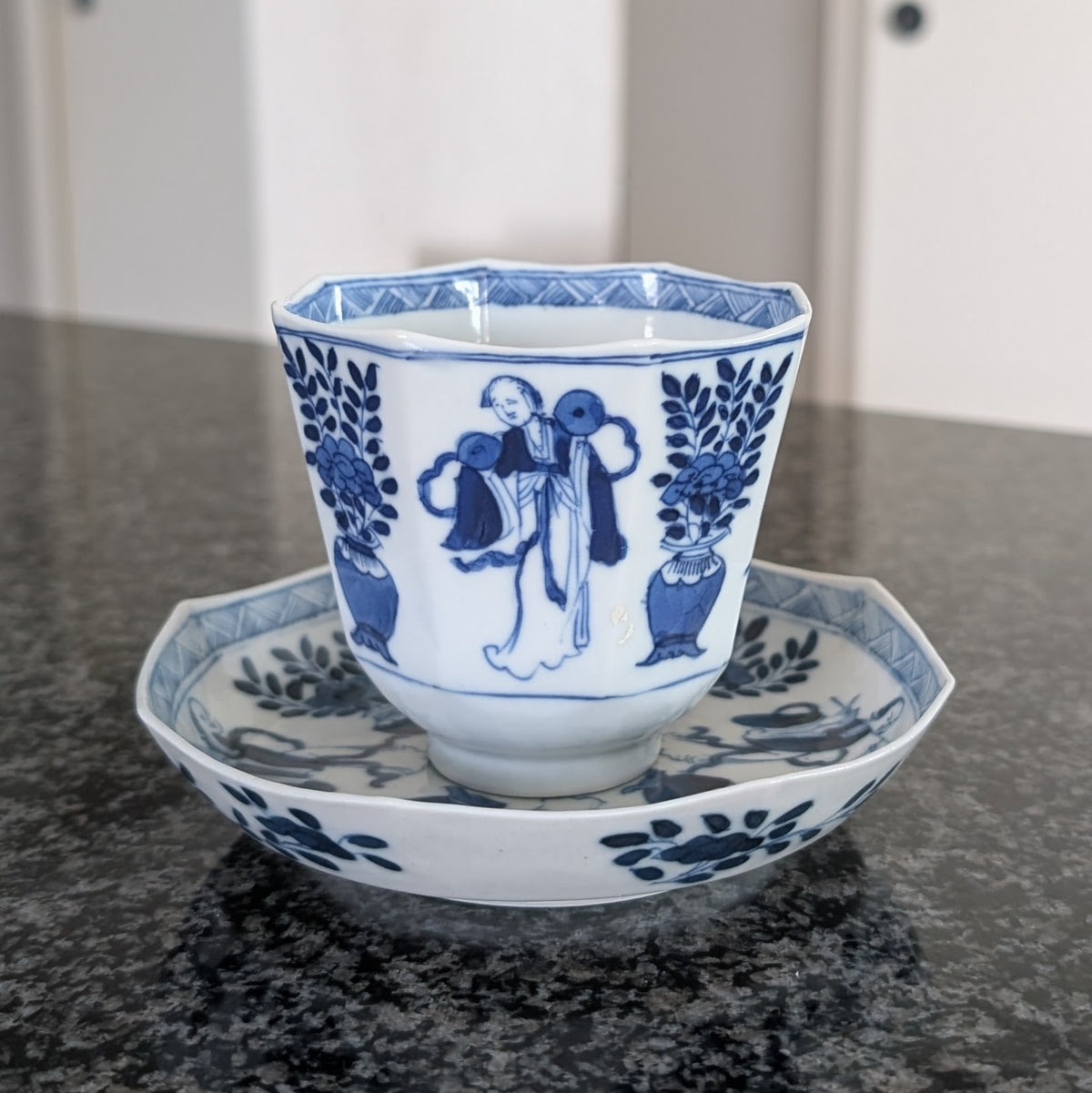 Chinese antique teacup and saucer, Kangxi revival. 19th century #3013