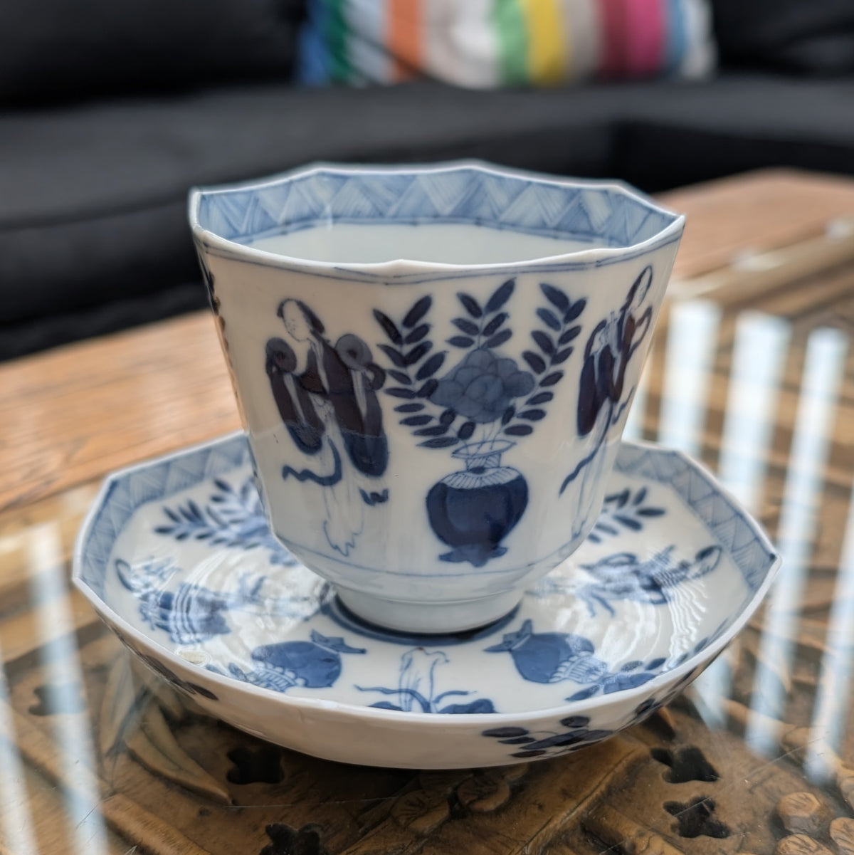 Chinese antique teacup and saucer, Kangxi revival. 19th century #3015