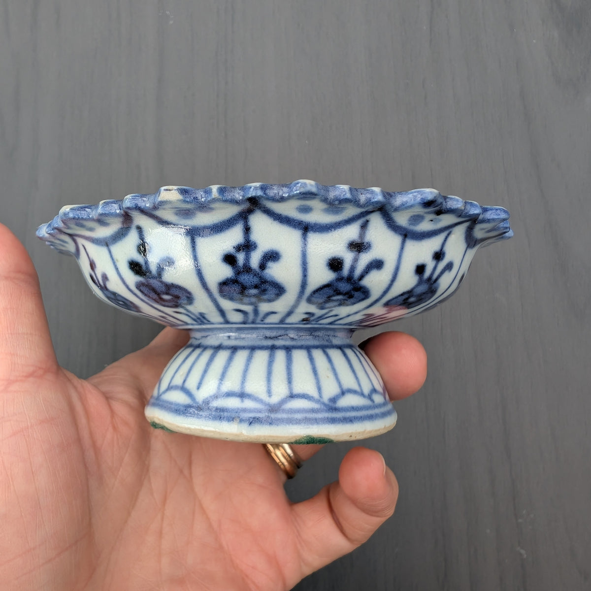 3 Chinese antique altar bowls on foot / tazza, Late Qing #3017, 3018, 3019