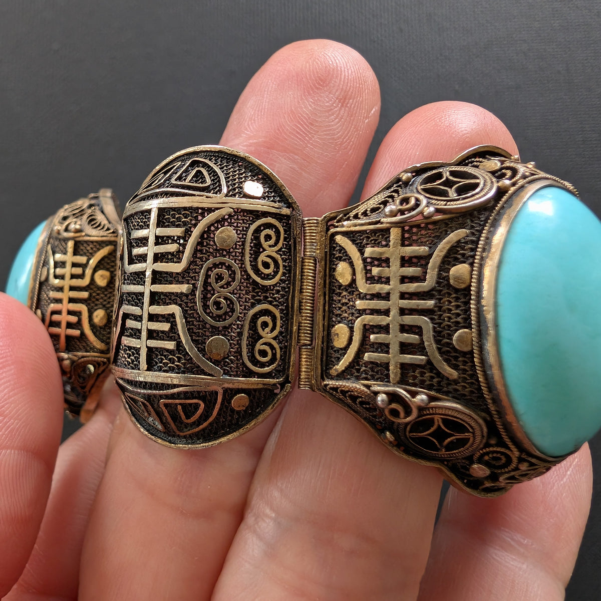 Chinese filigree handmade silver jewelry bracelet with natural turquoise #2926